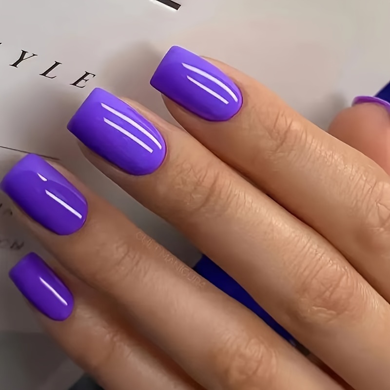 TEMU Star Wearable Nail Patches 24pcs Short European Square Solid Color Manicure Wearable Nails European And American Purple Fake Nails Extension