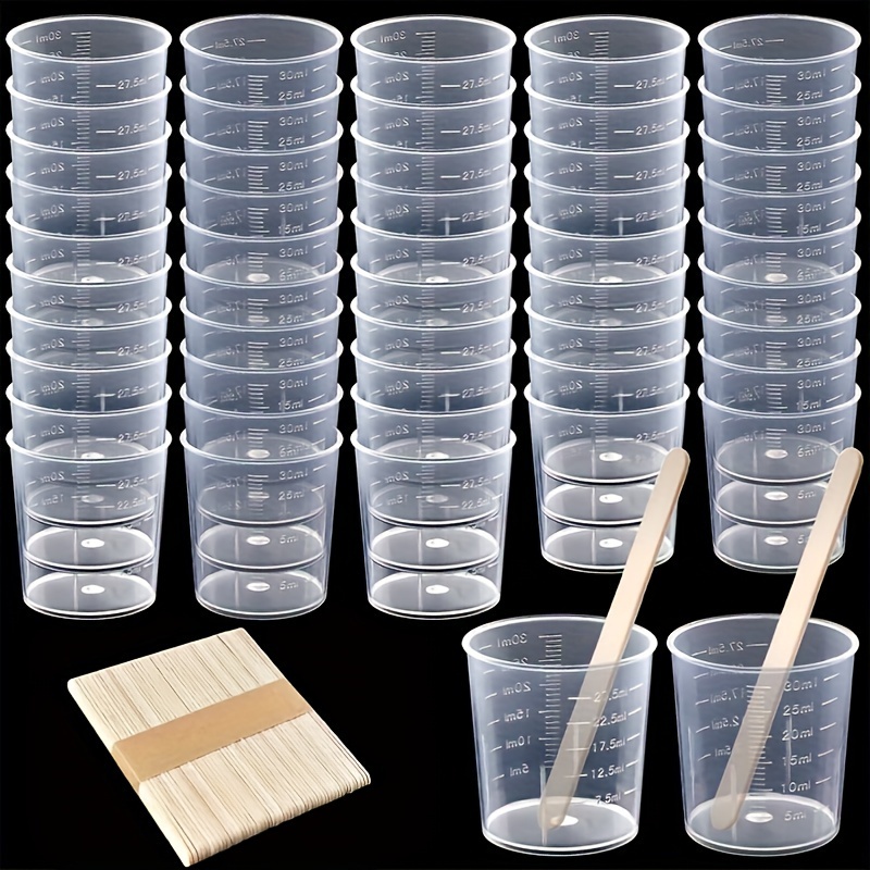 

50pcs 60ml (2oz)/ 30ml (1oz) Plastic Graduated Cup Clear Epoxy Mixing Cup With 50 Wood Craft Sticks For Resin, Epoxy, Stains, Mixed Paint