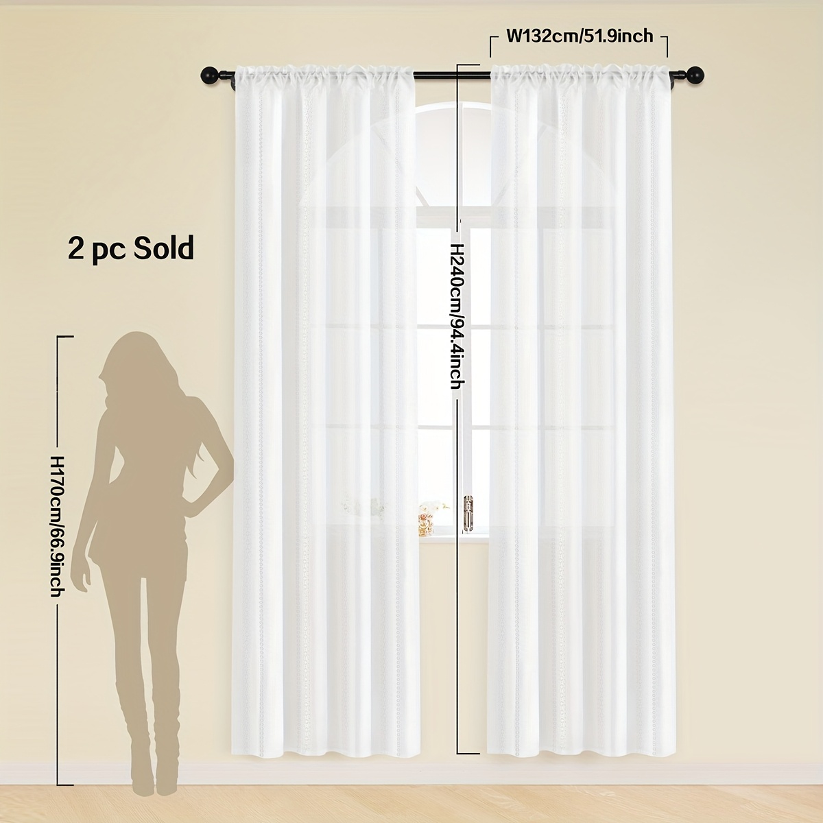 Image of 2pcs, White Hollow-out Sheer Curtains, Heat Insulation Sun Protection Light Filtering Window Shades For Floor-to-ceiling Windows And Balcony Decor
