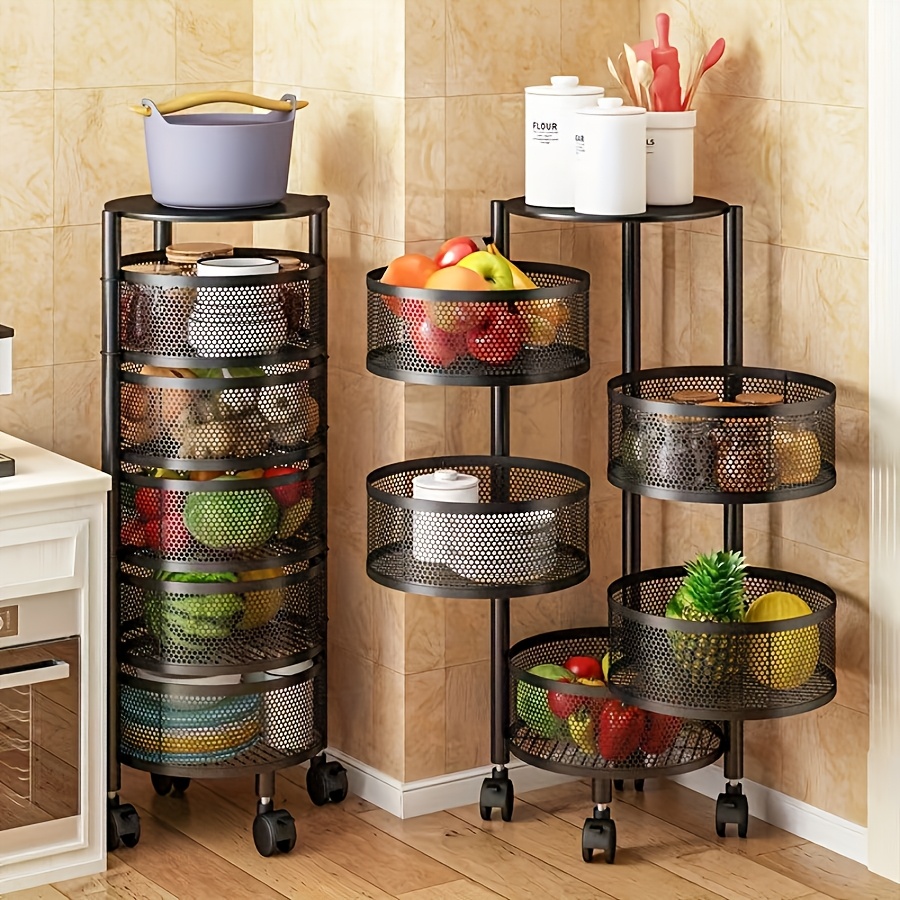 

1pc Rotating Kitchen Storage Rack - , Large Capacity Carbon Steel Organizer With Wheels, Design, Over 27" Tall, Less Than 3.2 Cubic Feet - Fruits, Vegetables, Snacks, Toys & Office Use