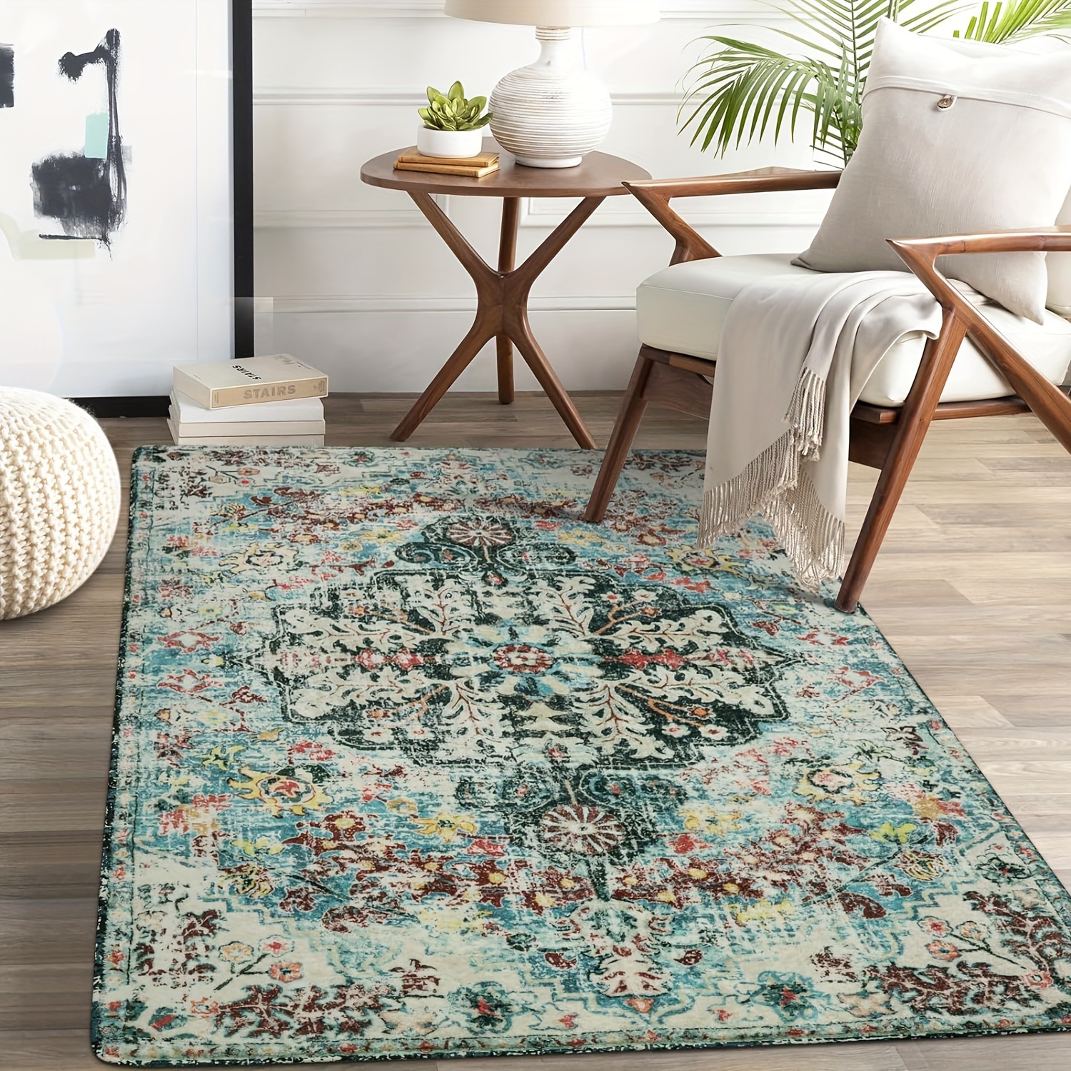 

Boho Rugs For Living Room, Teal Washable Rugs For Bedroom Aesthetic Large Dining Room Rug, Large Bohemian Printed Non-slip Low Pile Throw Playroom Carpet For Room Office