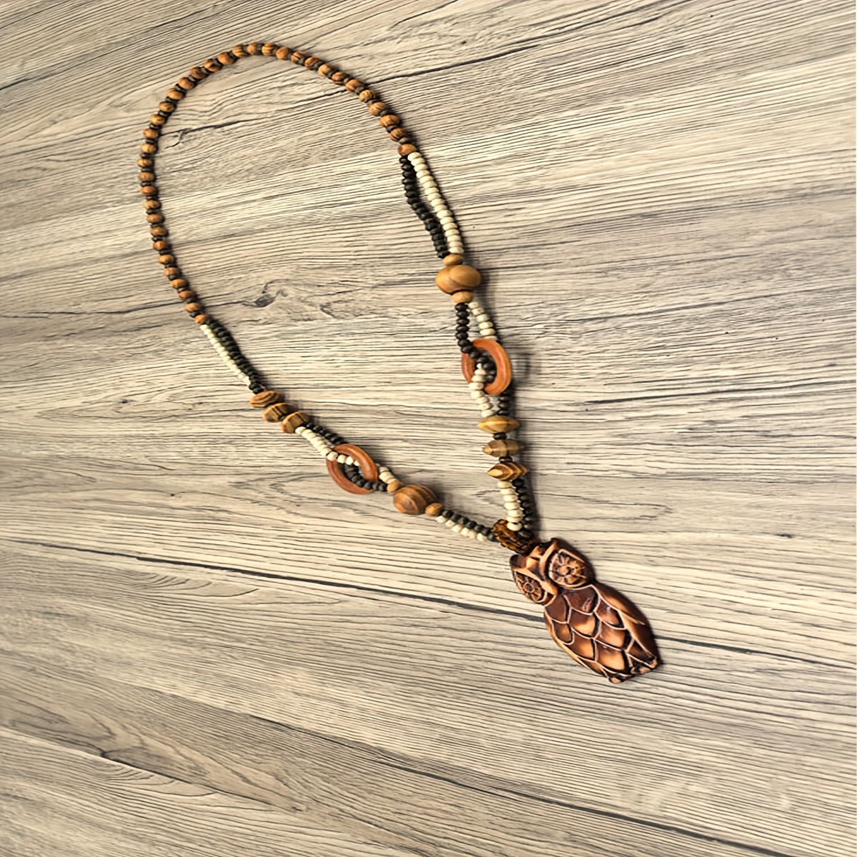 Bohemian Wooden Bead String Square Carved Maple Leaf Owl Elephant Necklace