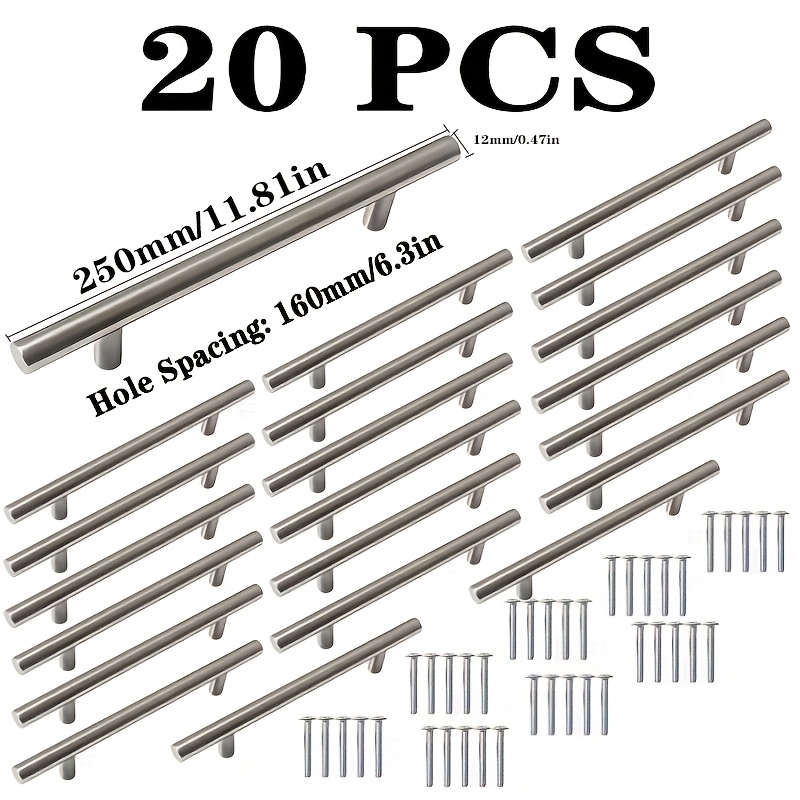 TEMU 20pcs Poignées en T en Acier Inoxydable Nickel Brossé & Poignées de Tiroir - Quincaillerie Moderne pour Armoires de Cuisine pour Bureau, Salle à