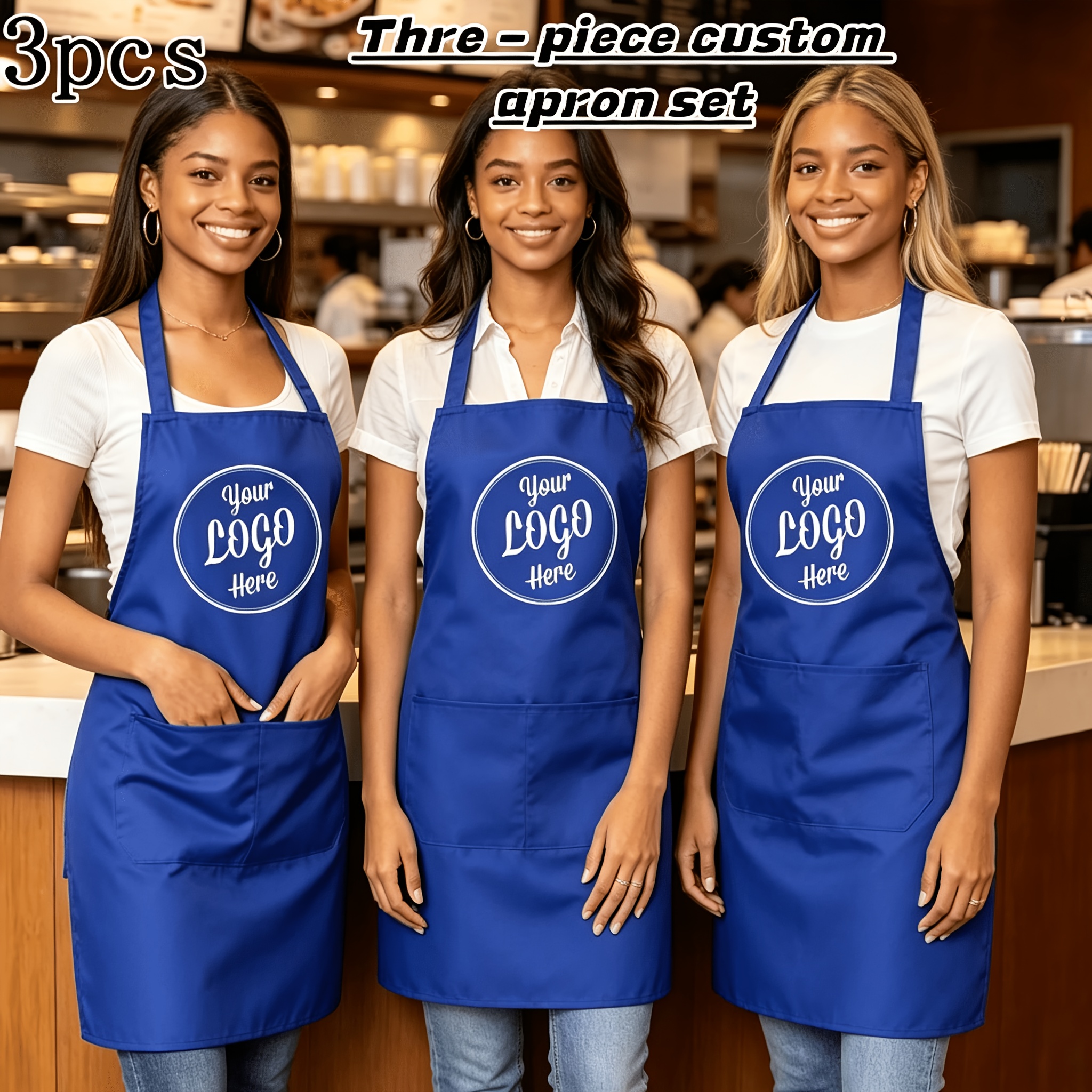 TEMU 3pcs Custom Personalized Photo Logo Text Apron Set, Adjustable Elastic Waist Apron, Suitable For Kitchen Use, With Pockets. Ideal Gift For