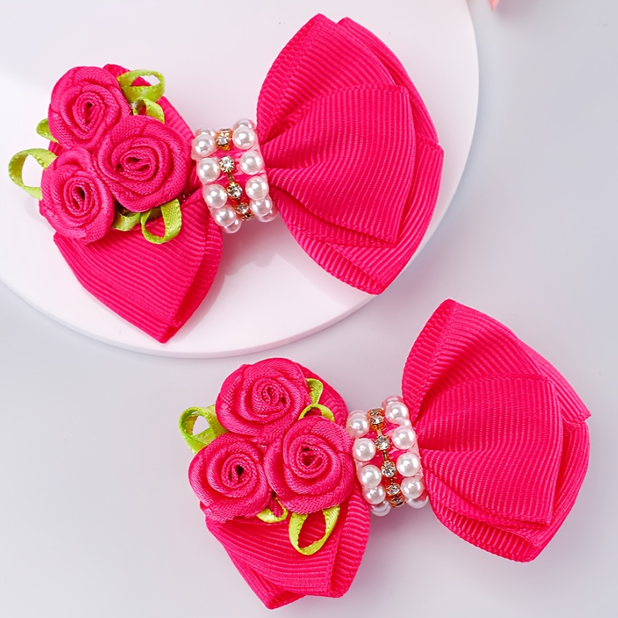 Image of 2pcs Bow Hair Clips Pink Grosgrain Ribbon Hair Pins With Rose Flower Decoration Cute Hair Accessories For Fashionable Wear And Photo Shoots