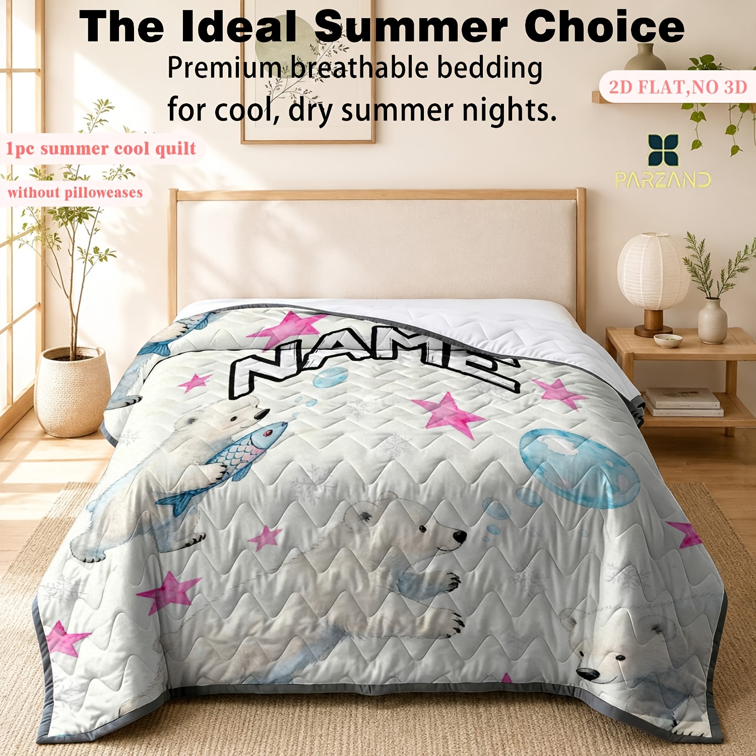 Custom Name Cute White Bear Lightweight Summer Quilt