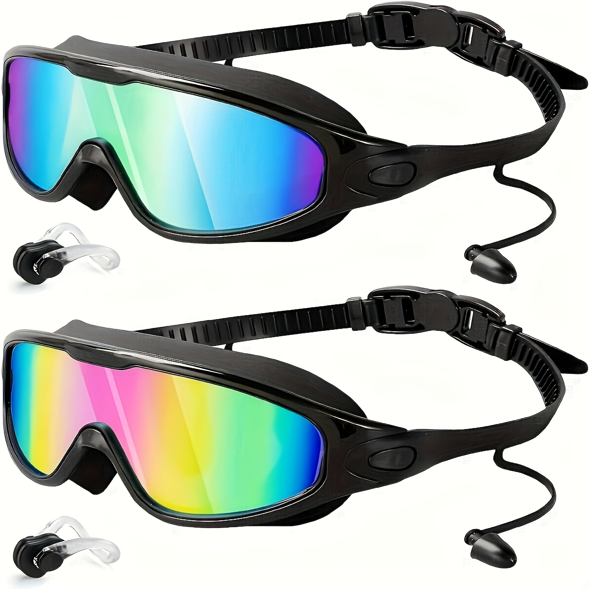 2 pack anti fog swim goggles for adults with uv protection leakproof design wide angle lenses   fit adjustable strap   earplugs nose clip for swimming water aerobics pool   sports gear sleek swimwear   lenses