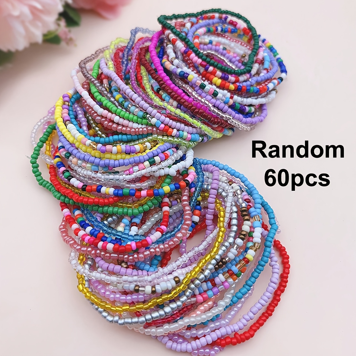 TEMU 18/60pcs Bohemian Rice Bead Stacked Elastic Dopamine Women's Bracelet Set, Multicolor In White, Black, Blue, Pink, Yellow, Purple, Green, Red -