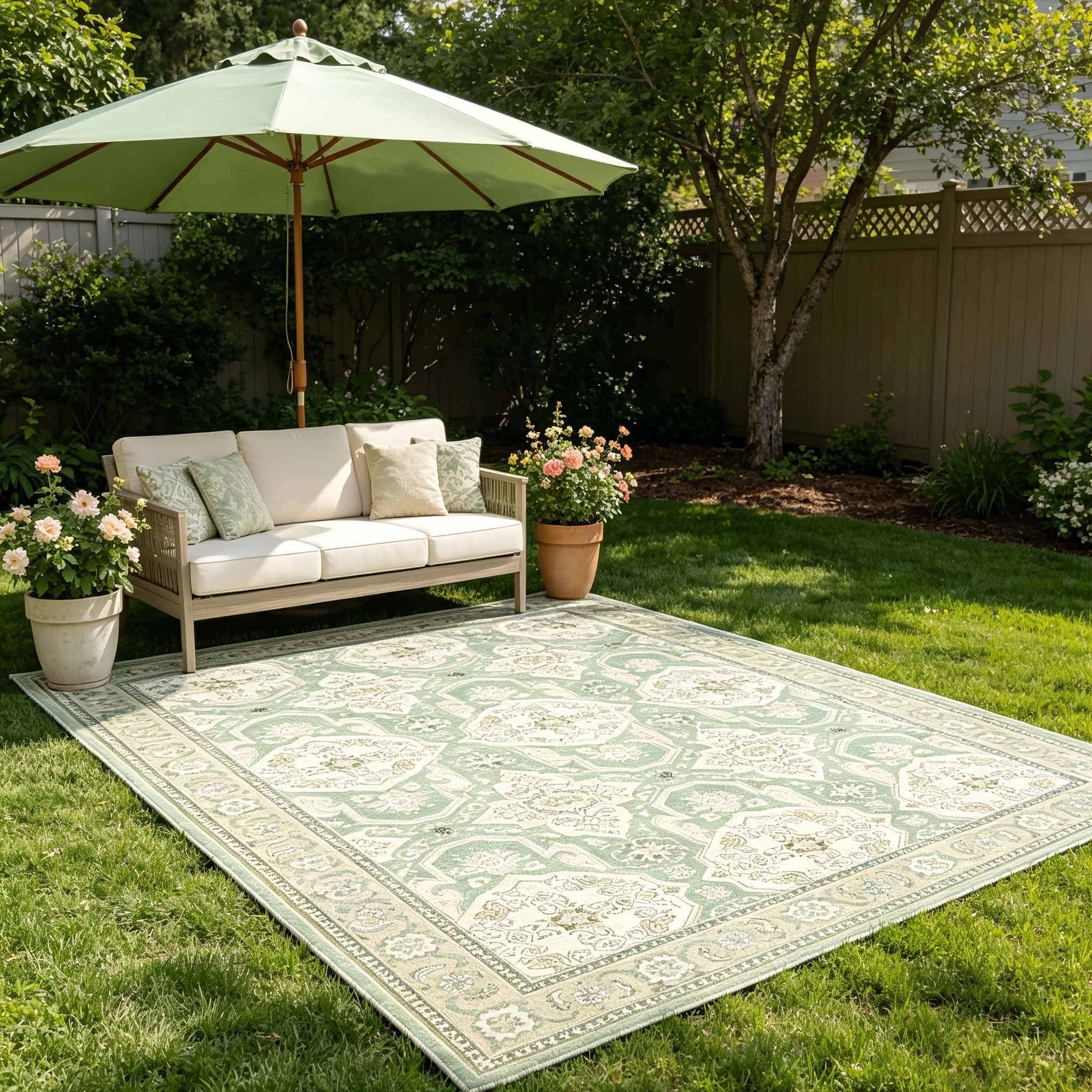 TEMU Outdoor Rug, Machine Washable Camping Mat, Large Area Mat For Terrace, Garden, And Picnic, Style Green
