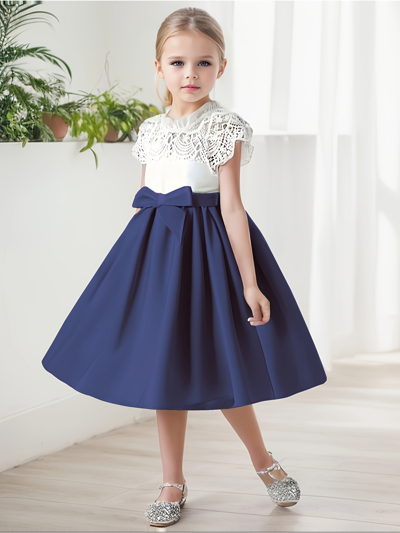 girls navy blue pleated dress white lace trim bow belt knee Temu