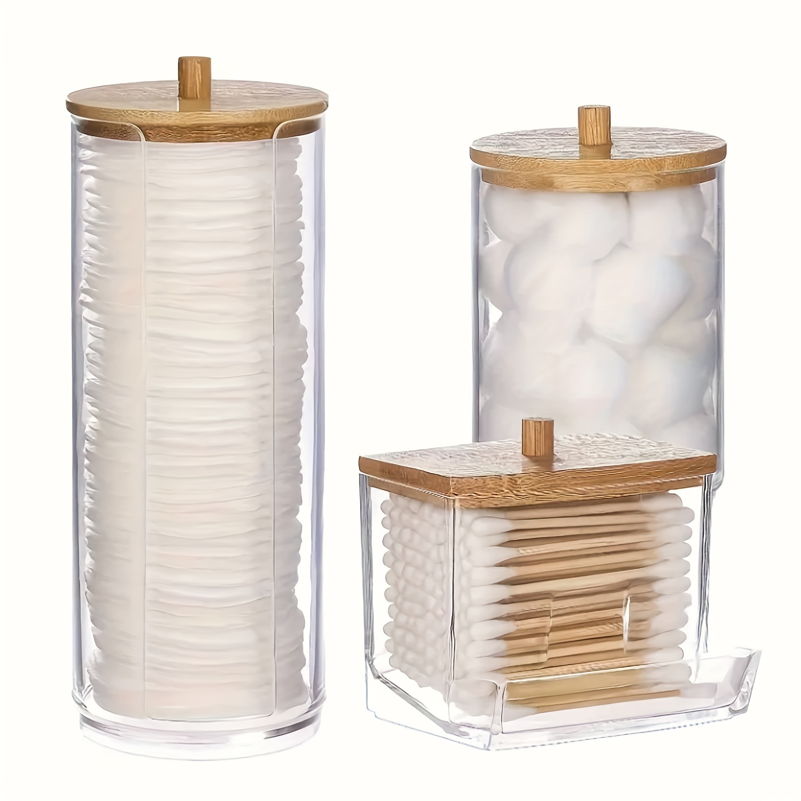 

3-piece Transparent Bathroom Storage Jars Set With Bamboo Lids, Plastic Container For Cotton Swabs, Pads, Balls – Flip Top, Unscented Organizers For Bedroom, Living Room, Vanity