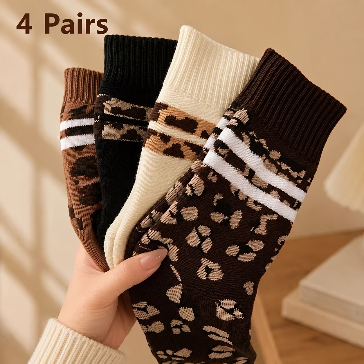 TEMU 4 Pairs Of Leopard Print Mid-calf Socks For Women, Thick And Warm For Autumn And Winter, Plush And Comfy Terry Socks, Cosy Outdoor Casual Socks,