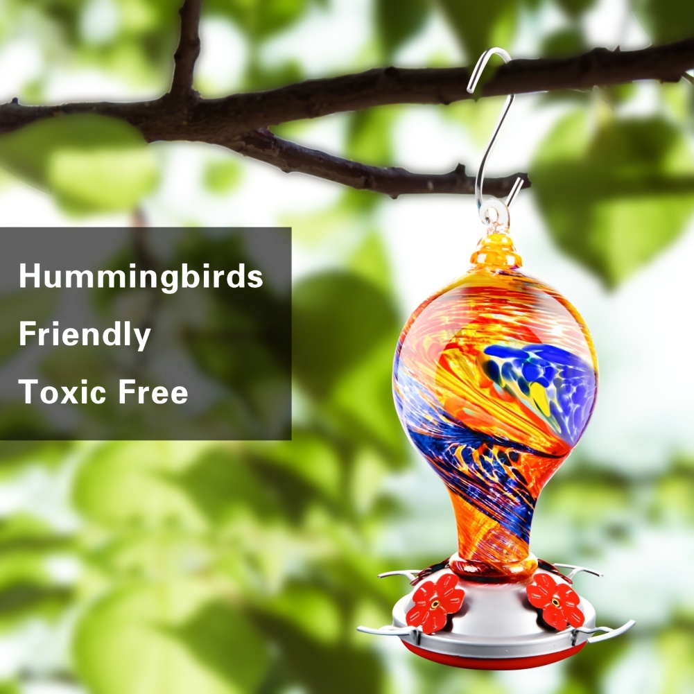 

32 Ounces Hand Blown Glass Hummingbird Feeder With Ant Moat Hanging Hook, Rope, Brush And Service Card For Outdoors Large Colorful Garden Glass Hummingbird Feeder
