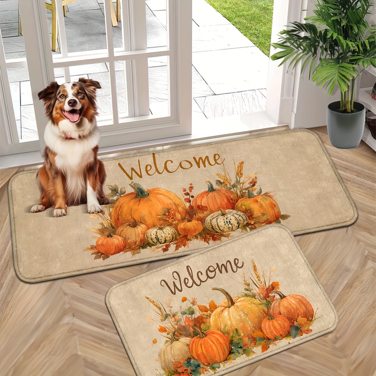 

Autumn Pumpkin Welcome Doormat - Non-slip, Machine Washable Knit Polyester, Thick Soft Bath Mat For Shower, Living Room, Bedroom Entrance - Theme, Comfortable Floor Carpet