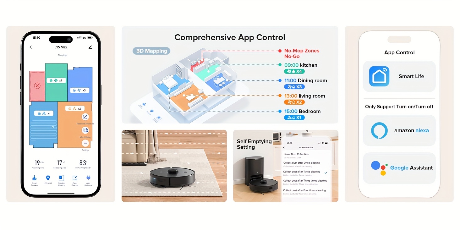Die Lubluelu L15 MAX Saugroboter und Wischmopp ist eine verbesserte Version der L15 Plus, mit einer 3-in-1-Funktion zum Kehren, Saugen und Wischen. Sie wird mit einer selbstentleernden Station geliefert, die bis zu 3 Liter Fassungsvermögen für 70 Tage hat.