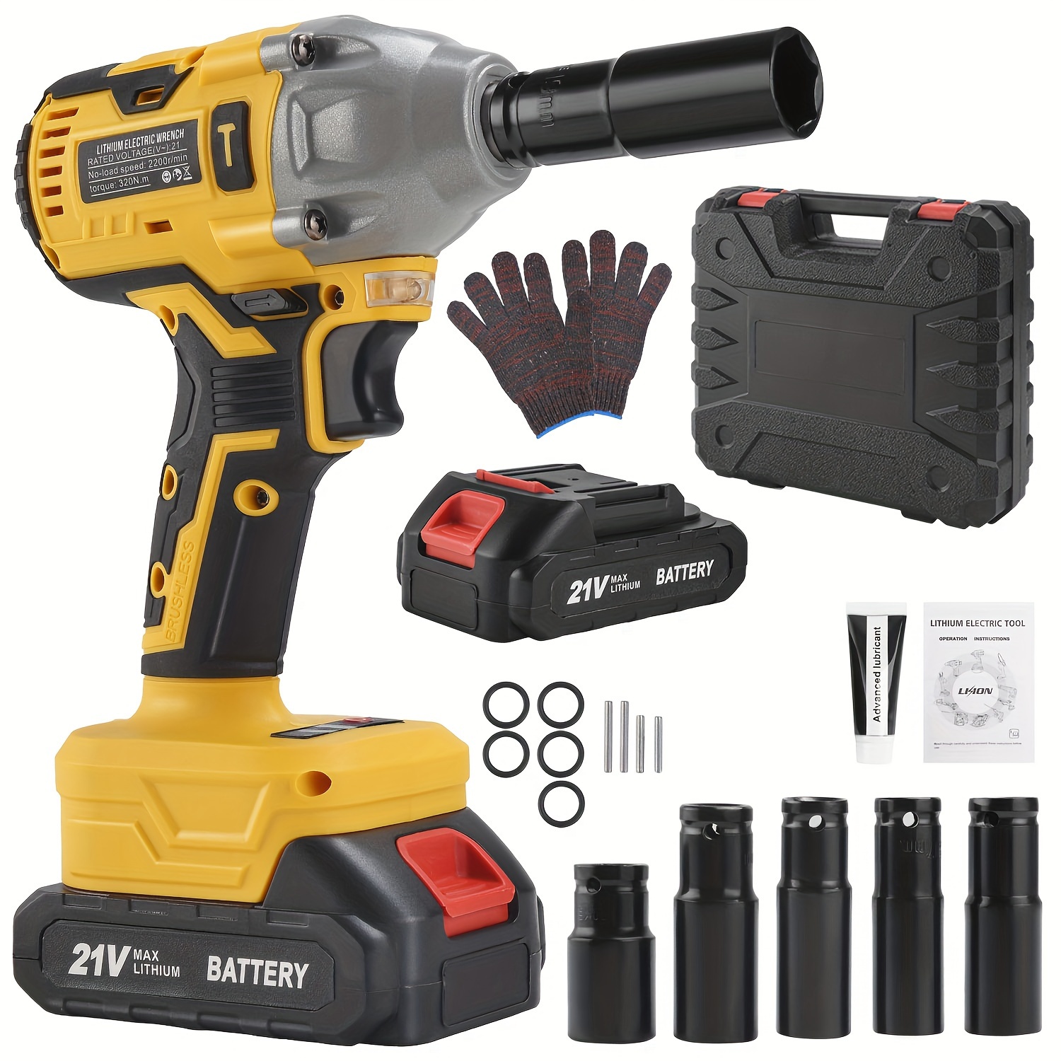 

21v Cordless Impact Wrench, Power Impact 1/2 (320n.m), 2200 Rpm Brushless Impact Driver With 4000 Mah Battery, Fast Charger, 5 Sockets & Tool Bag, Portable, For Automotive And Home Use