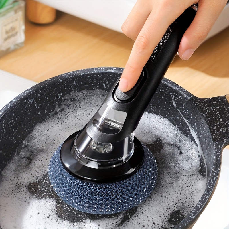 

1pc Pot Brush With Handle, Cleaning Brush With Soap Dispenser, Non-electric Plastic Kitchen Brush For Pans, And Bowls, Easy-to-clean Steel Wool Brush For Pans And Stove Sink Decontamination