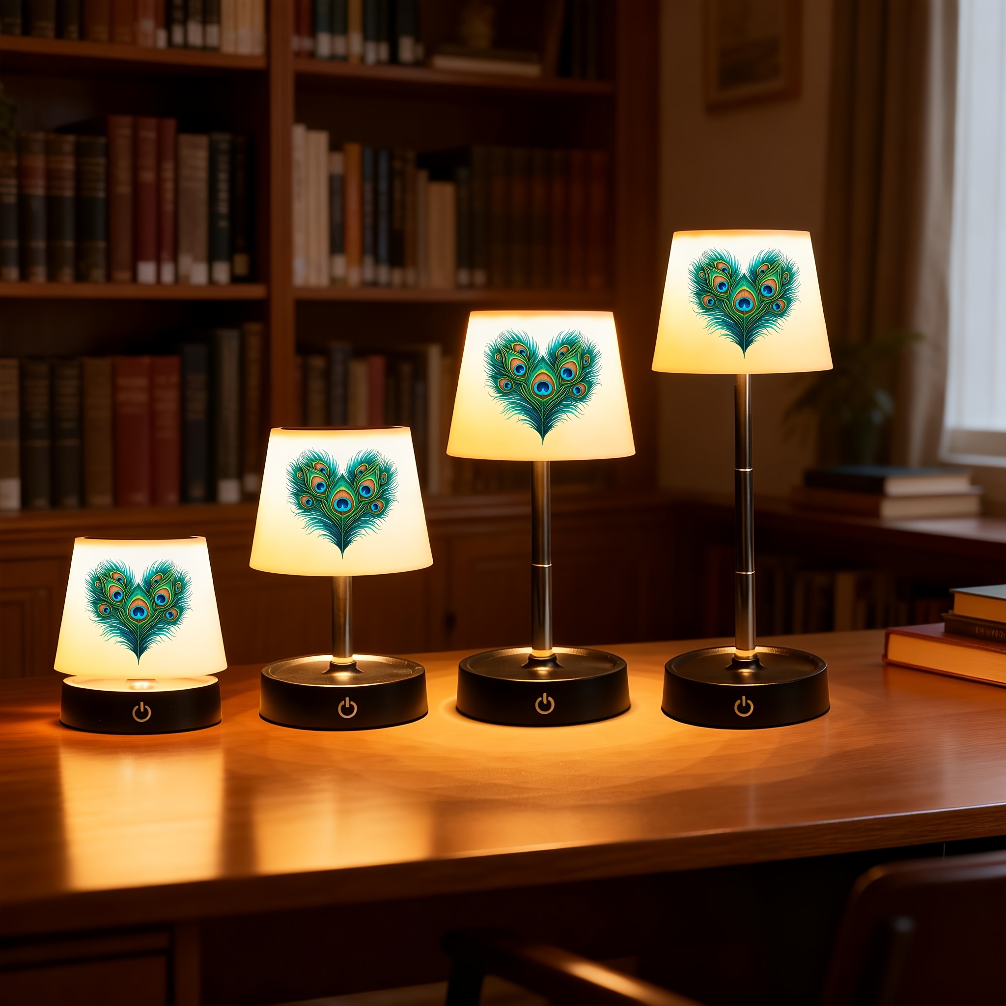 Peacock Feathers Heart Print Desk Lamp, Height Adjustable & Dimmable