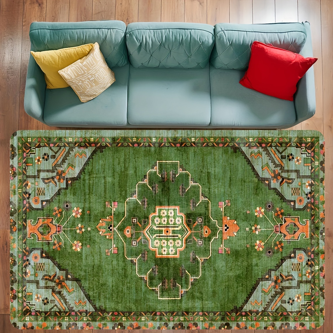 TEMU Vintage Green Patterned Area Rug - Soft, Non-slip & Durable For Living Room And Bedroom Decor, Hand Wash, Polyester, 1cm Thick