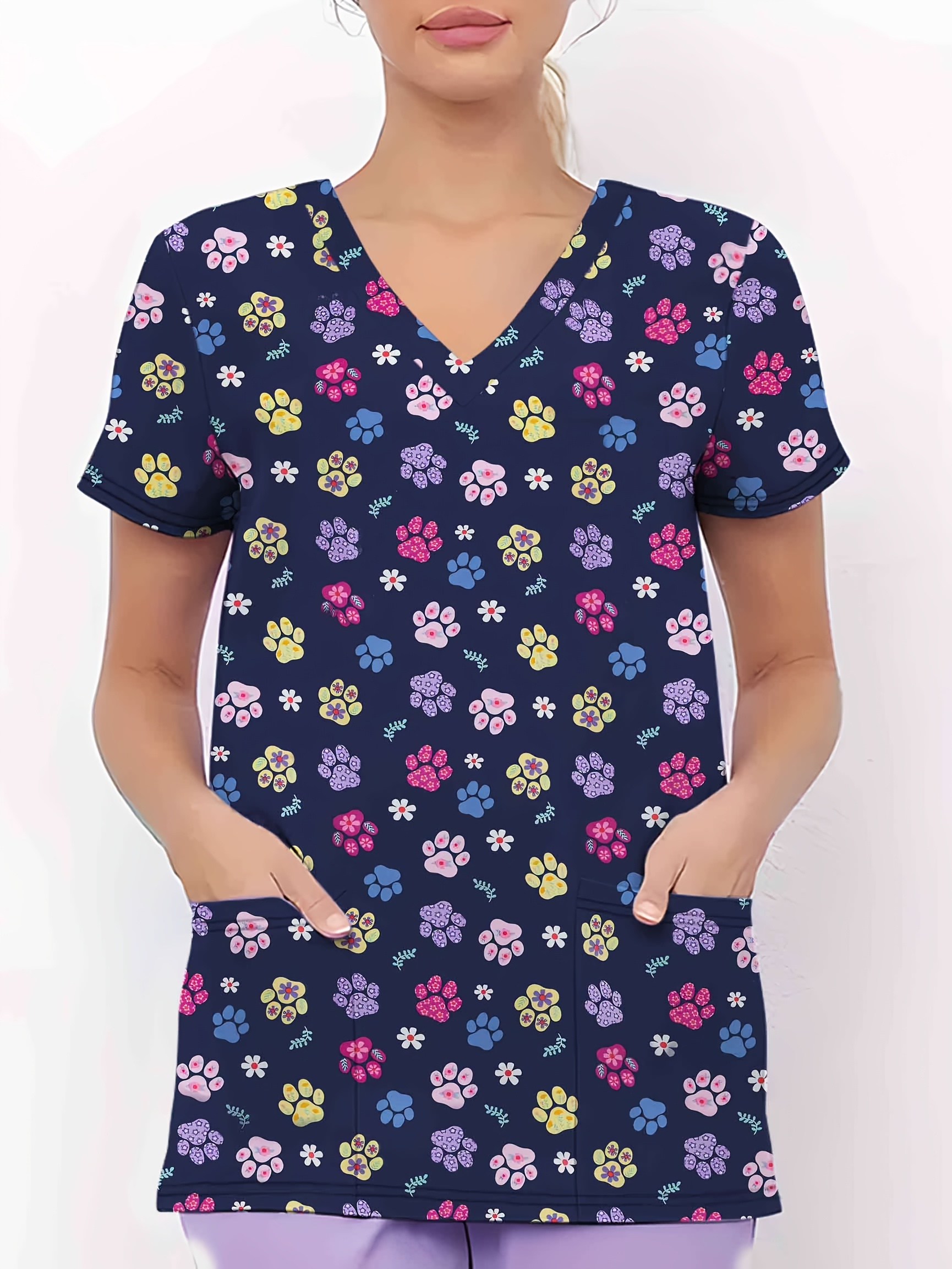 Women'* Floral Paw Print Nurse Scrub Top V-Neck Short Sleeve Work  Shirt with Pockets, Navy Blue Cartoon Pattern, Machine Washable Healthcare 