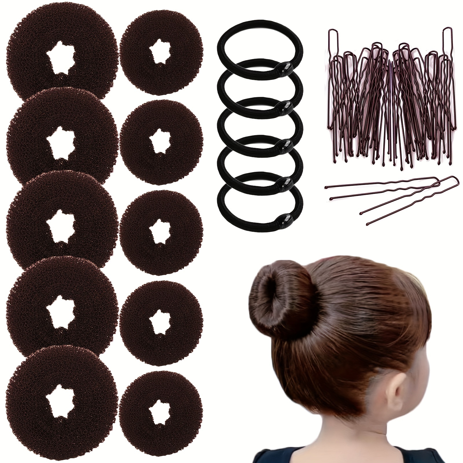 

55 Pcs Donut Hair Bun Makers - Chic Bun Hairstyles: Includes 5 Medium And 5 Small Donut Bun Makers, 5 Hair Ties, And 40 Hair Pins. Suitable For Long, Relaxed Hair Textures. Age 14+.