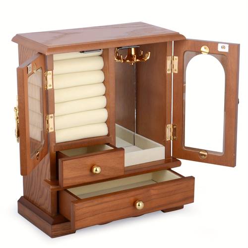 Women S Oak Wood Jewelry Box - Stylish Organizer with Mirror And Side Doors - Great Graduation And Mother S Day Gift for Necklaces, Earrings, Rings, Jewelry Boxes