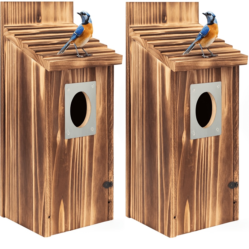 TEMU Nichoir en bois naturel avec couvercle à charnière et trou d'entrée - adapté pour les mésanges, les domestiques, à suspendre à
