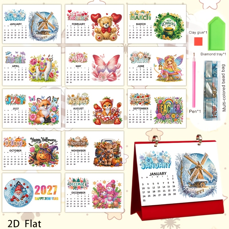 E-shop 1 Stück 2027 Niedliches Feiertagsmuster Diamantmalerei Handgemacht DIY Feiertagsserie Muster Kalender, Neujahrskalender, Schreibtischkalender,