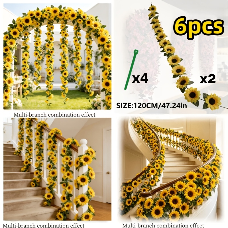TEMU 6pcs Set Of Simulated Sunflower Vine Combination, Including 2pcs Hanging Sunflower Garlands And 4pcs Tying Straps, Realistic Faux Flowers And