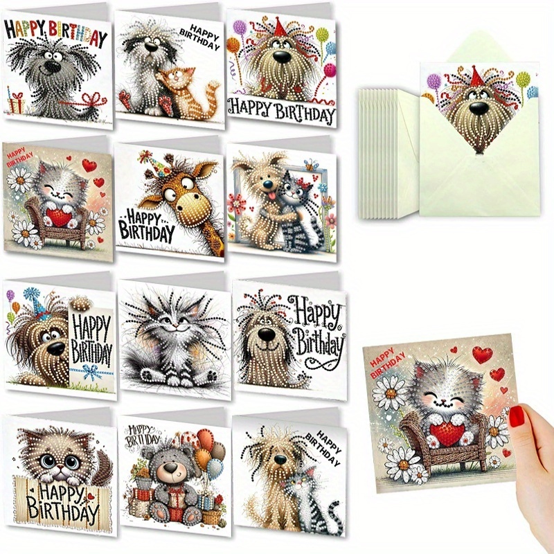E-shop 12-teiliges DIY-Diamantmalerei-Geburtstagskarten-Set – Feiertagsgrußkarten-Set mit niedlichen Cartoon-Tier- festlichen Segenswünsche-Designs,