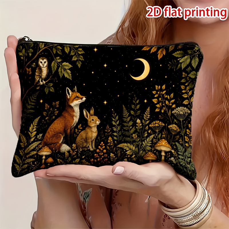 TEMU 1pc Sac de Cosmétique Imprimé 2D Plat Forest Night : , , Forêt Lune, , Imprimé Double Face, Sac de Rangement de Beauté Multifonctionnel,
