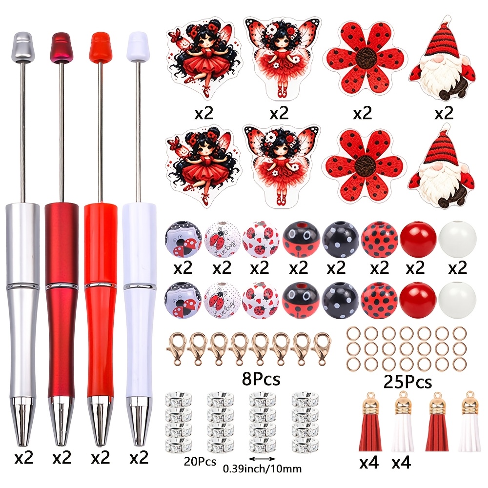 TEMU 8 Kits de Stylo Coccinelle , Breloques de Perles de Fée Gnome et de Fleurs, Perles à Pois, Écarteurs en Strass et , Stylos Vides pour Cadeaux de