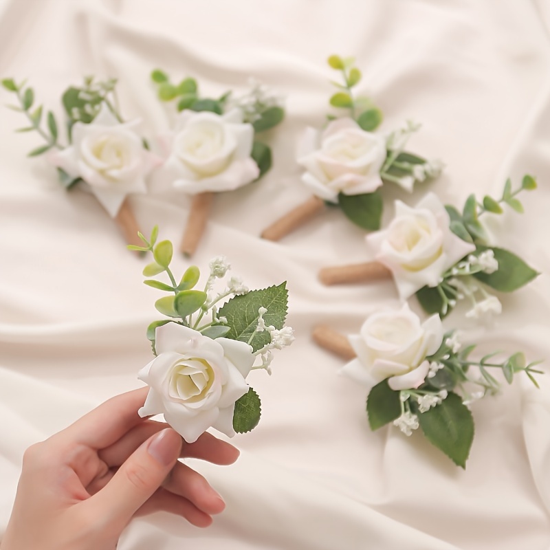 

6pcs White Rose With And Style High-end Groom And Wedding Corsage Suitable For Bride And Bridesmaid Wedding Decoration, Dinner Dance, Anniversary,