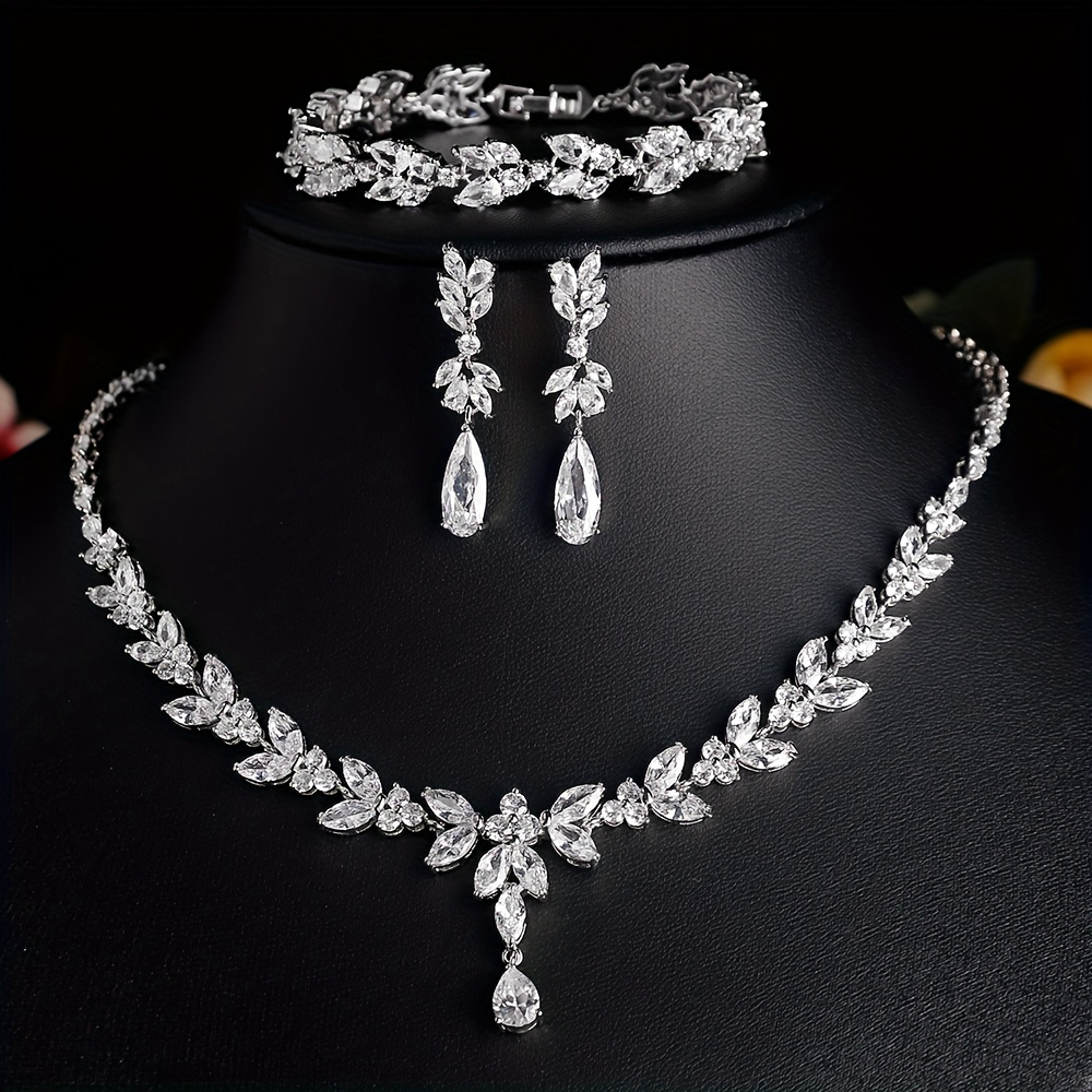 4pcs luxury copper jewelry set with synthetic zirconia elegant bridal necklace bracelet and earrings for weddings and valentines day gifts details 2