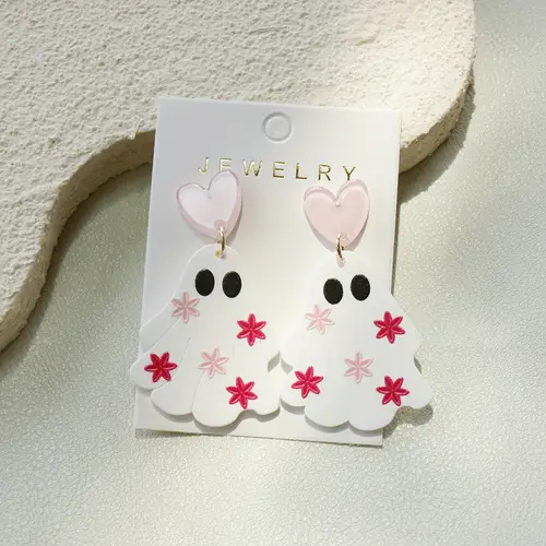 1 pair vintage inspired acrylic dangle earrings with pink floral accents whimsical ghost design stainless steel posts halloween parties cute earrings