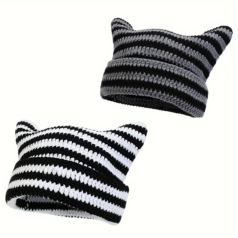 

Animal Stripe Knit Beanie - Acrylic Stretch Fabric, Lightweight Drawstring Crochet Hat With Elastic Brim, Hand Washable - Black & White