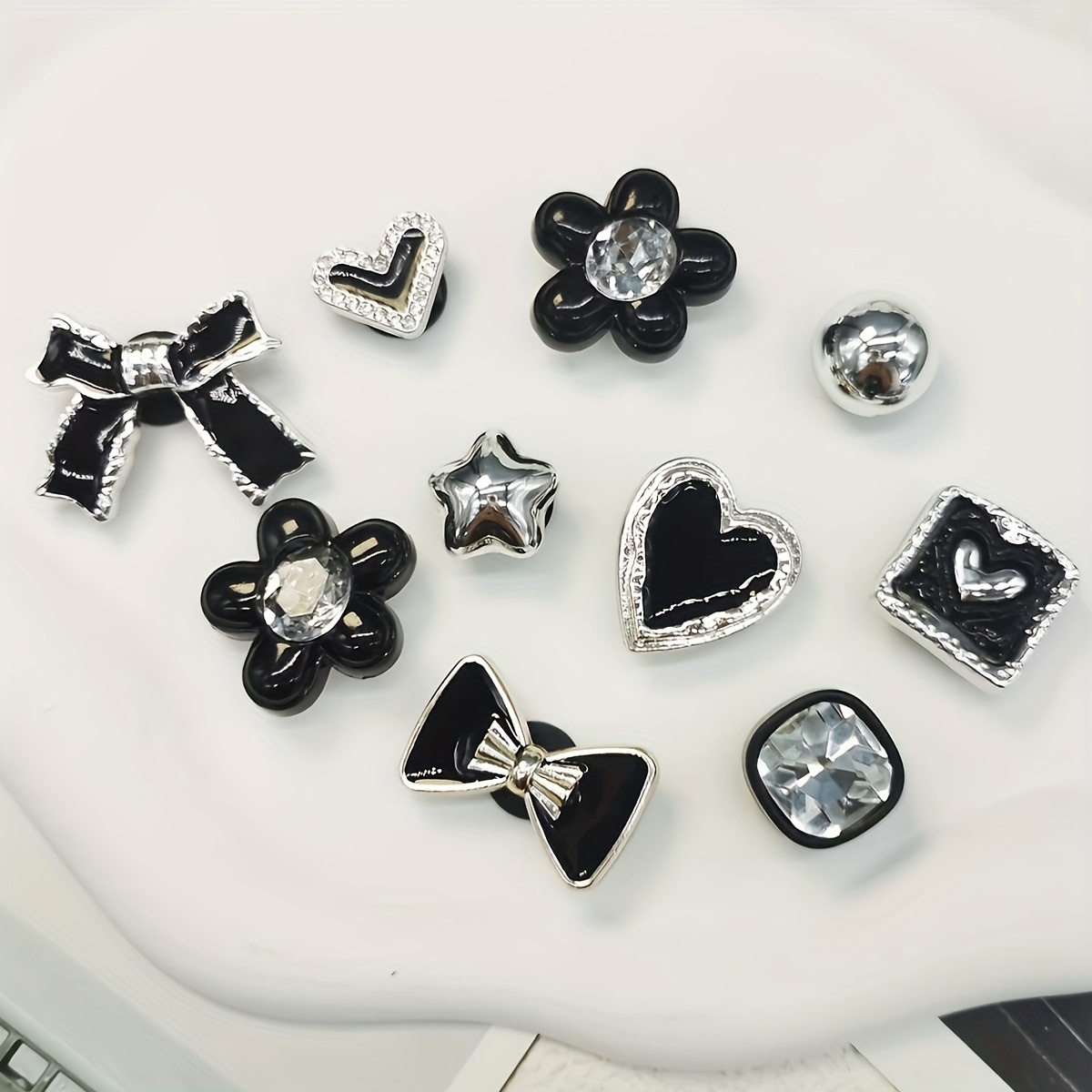 TEMU 10 Elegant Black Bow And Charms, Abs Heart And Star Diy Decorations - Suitable For Women's Slippers, Sandals, Slippers, Beach Bags - Perfect For