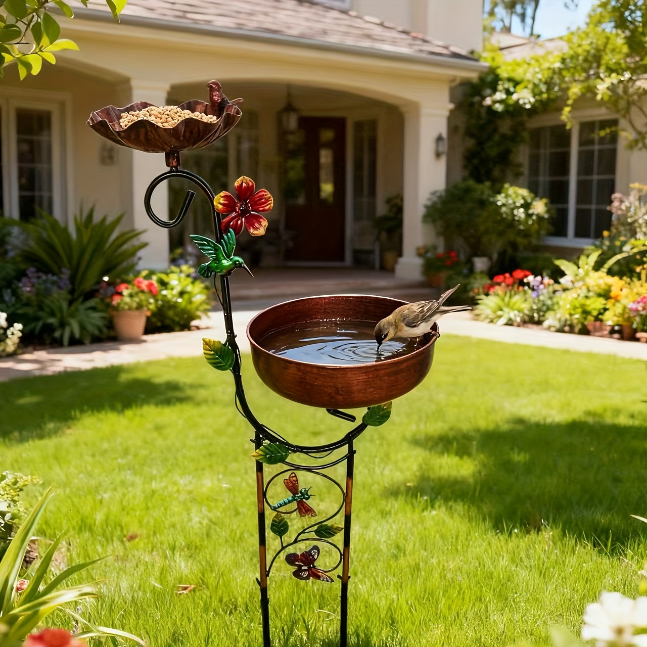 Image of Outdoor Freestanding Bird Bath, 91cm High Decorative Bird Feeder Set, With Metal Stake, Detachable Bird Bath, Suitable For Garden Balcony Courtyard Lawn