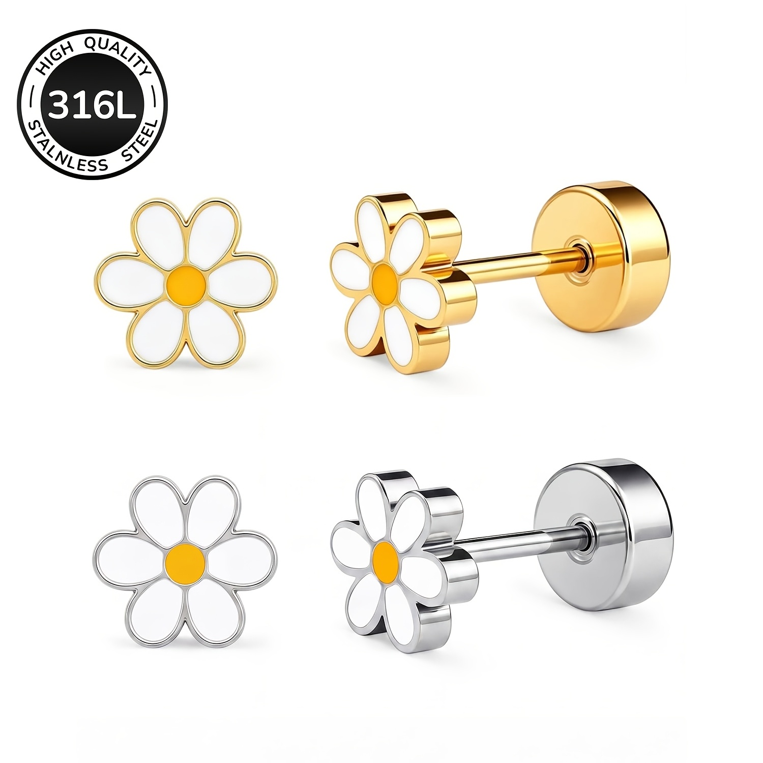 TEMU 2D Plat - 2 Paires de Boucles d'Oreilles à Clous Marguerite Hypoallergéniques pour Femmes, Argenté/Doré, Acier Inoxydable Chirurgical, Boucles