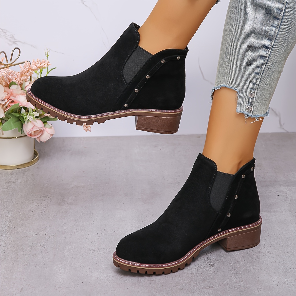 

Women' Ankle Boots With , Low Heel, Round Toe, Pull-on Closure, Fabric Upper And Insole, Solid Color - Hand Washable