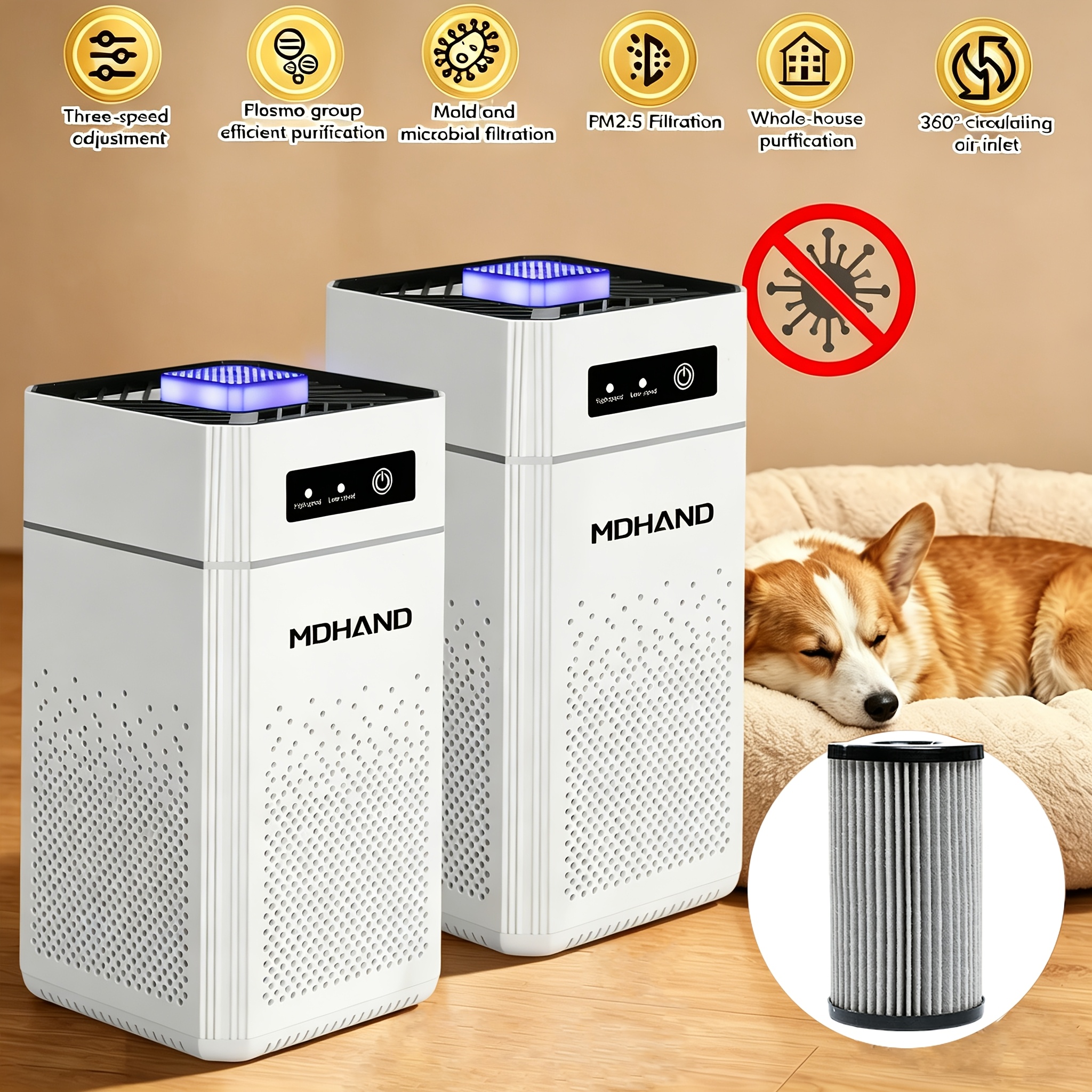 Image of 2pcs With Digital Display & Touch Control, Usb-powered , Deodorizing For Office Living Room Bedrooms, For Smokers, Odor, Dust, Pollen, Pet Dander, Car Air Fresheners For Bedroom Office