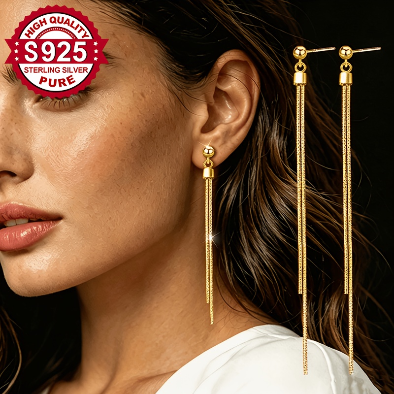 Women's S925 Silver Long Tassel Stud Earrings, Elegant
