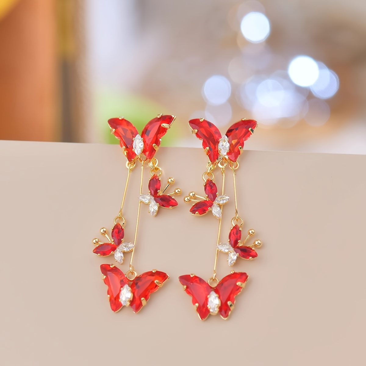 Butterfly Pendant Earrings with Sparkling Tassels