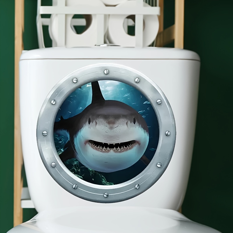 

1pc Shark In Porthole Ocean View Self-adhesive Matte Toilet Lid Decal - Ceramic-compatible Bathroom Decor, Easy Mount Single-use Wall/door Sticker With Marine Theme For