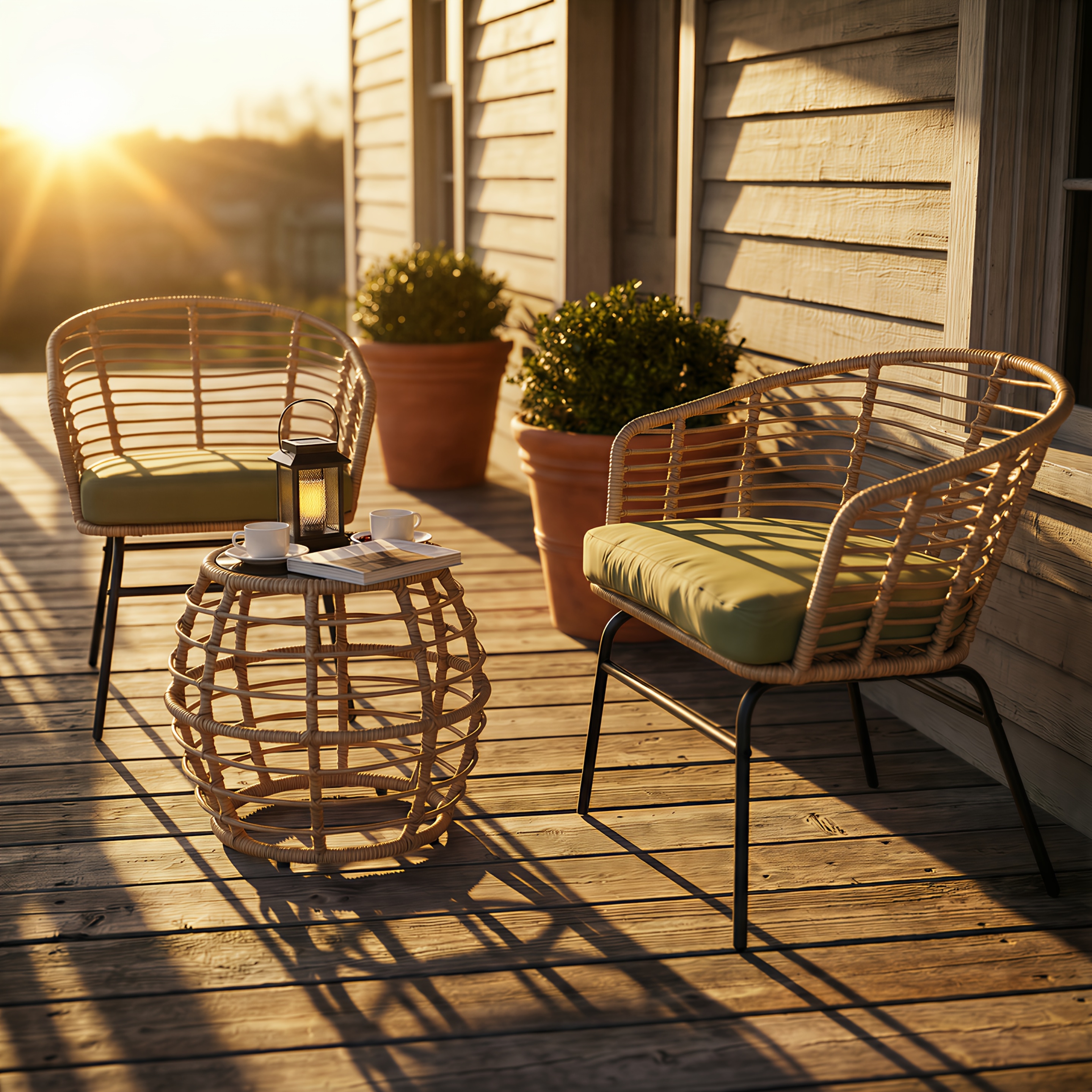[Outdoor Patio Set] 3pcs All-Weather Outdoor Patio Furniture Set Suitable for Garden, Balcony & Poolside - Metal Frame Wicker Rattan Conversation Set with Cushions & Coffee Table, -Filled Chairs (Green)