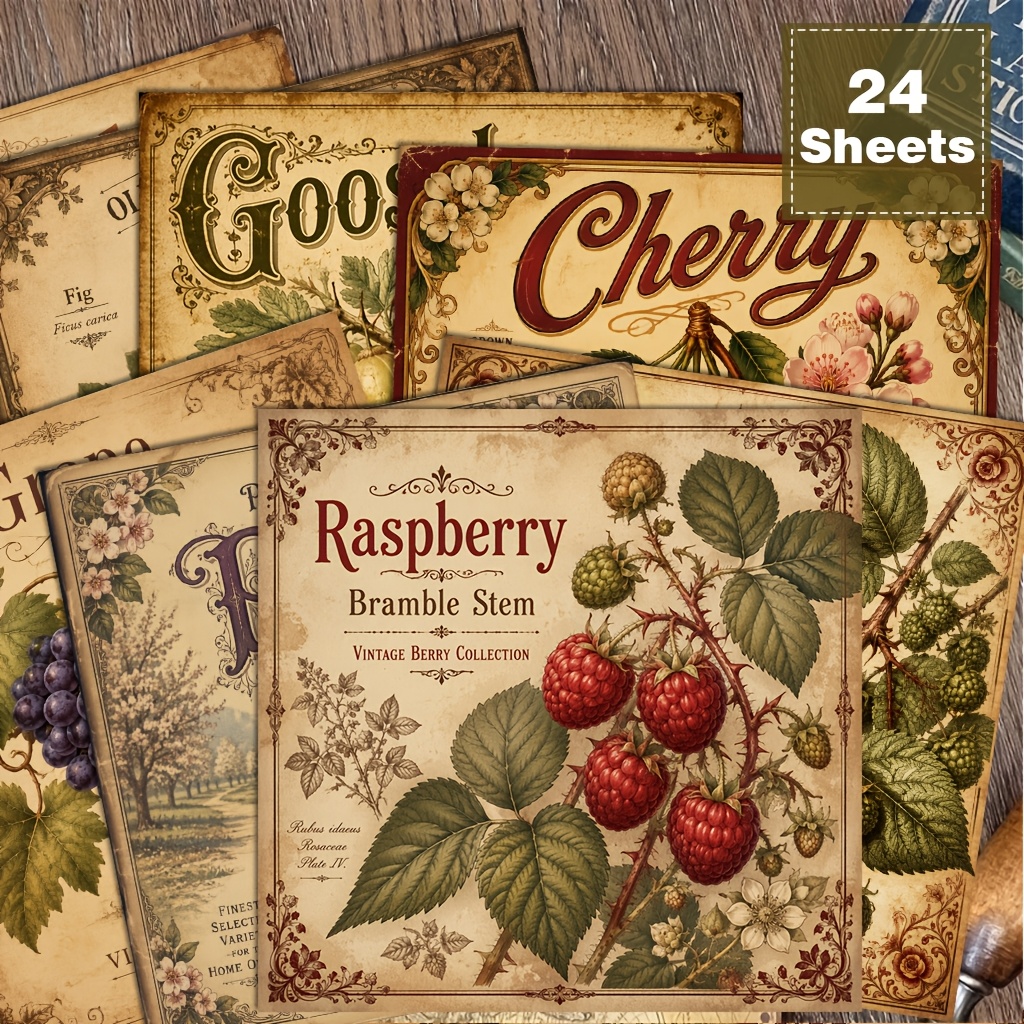 TEMU 24 Sheets Vintage Fruit Scrapbook Paper, Rustic Botanical Cardstock, Retro Farmhouse Decorative Craft Paper For Kitchen Wall Art, Junk Journals,