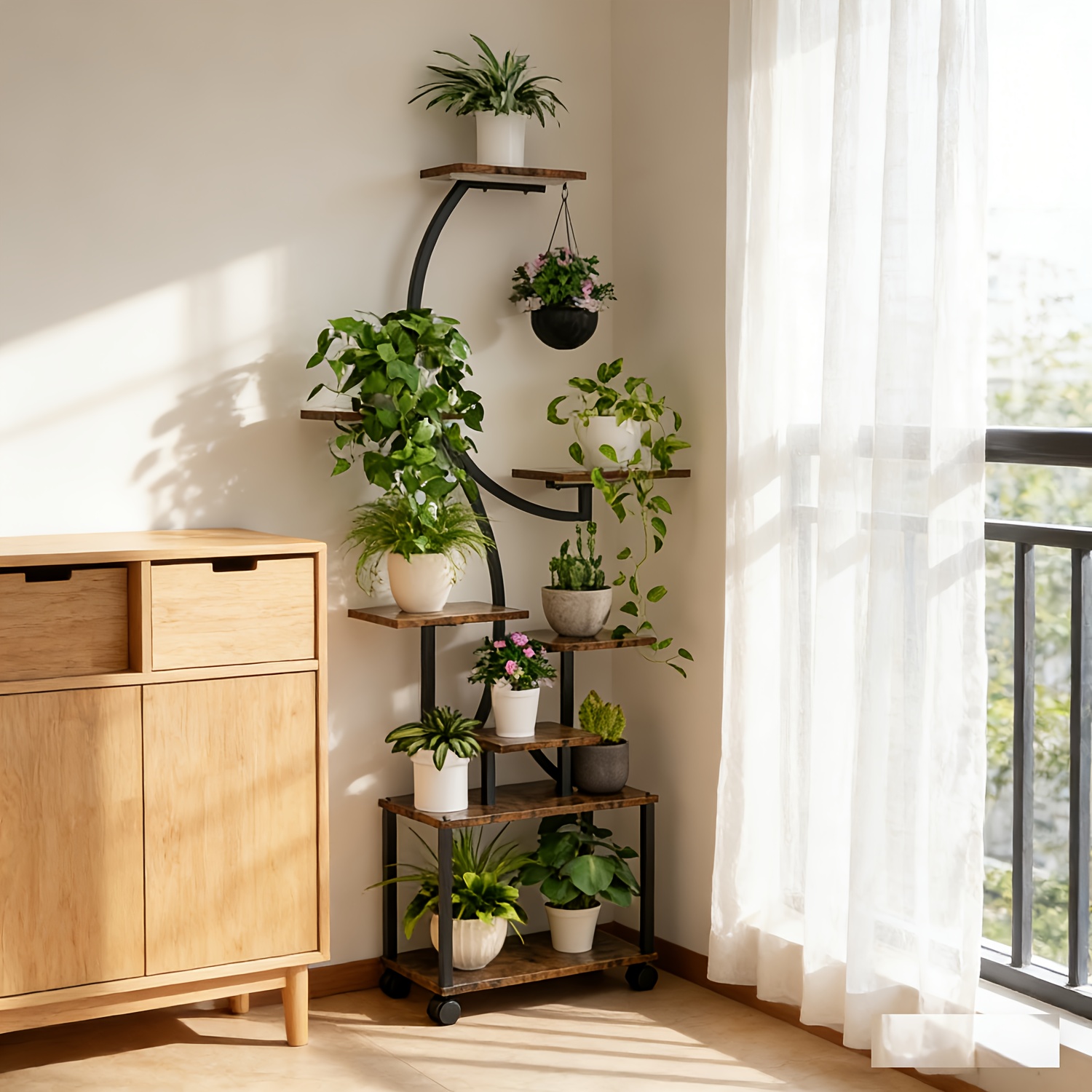 Image of Plant Flower Stand With Wheels, Golden Storage Rack, Indoor Balcony Flower Pot Display Stand, Standing Shelf