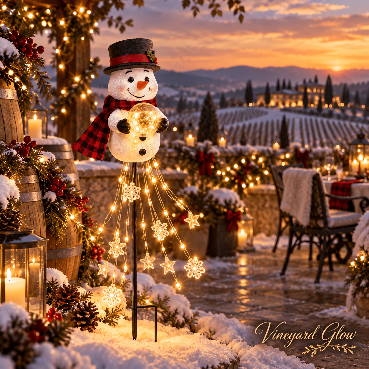 TEMU Lumière de piquet de sol de neige sur le thème de Noël, lot de 1, de neige de dessin animé avec haut-de- et écharpe à carreaux, tenant une boule