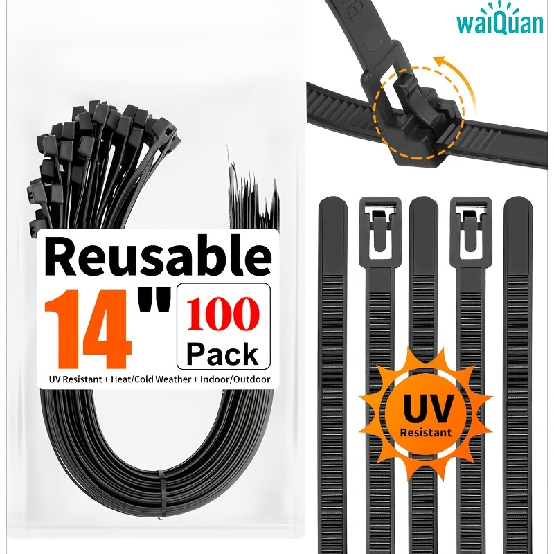 TEMU Attaches-câbles réutilisables à glissière 14 pouces, 100 pièces assorties, attaches de câble de serrage robustes en nylon auto-bloquantes
