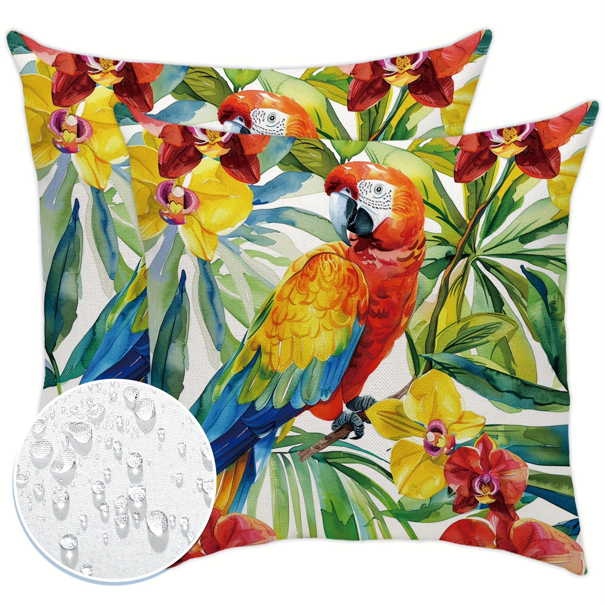 

2pcs Tropical Rustic Bird & Floral Leaf Outdoor Throw Pillow Covers, Waterproof , 18x18 Inch - Patio, Garden, Deck Furniture Decor Patio Pillow Covers